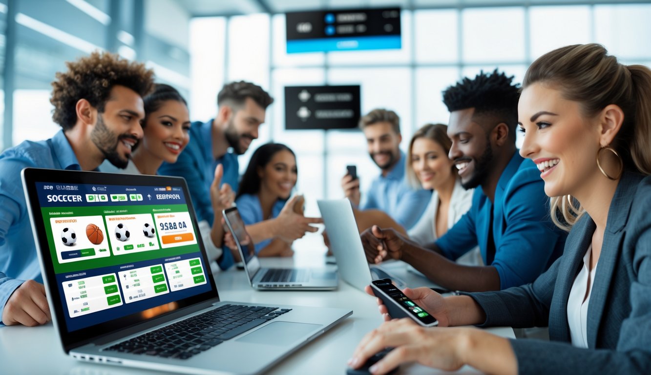 Orang-orang menggunakan laptop dan ponsel untuk bertaruh pada berbagai olahraga dengan antusias di lingkungan modern.