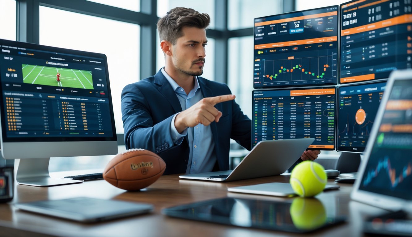 Seorang pria muda yang fokus melihat beberapa layar digital dengan data taruhan olahraga dan bola olahraga di mejanya.