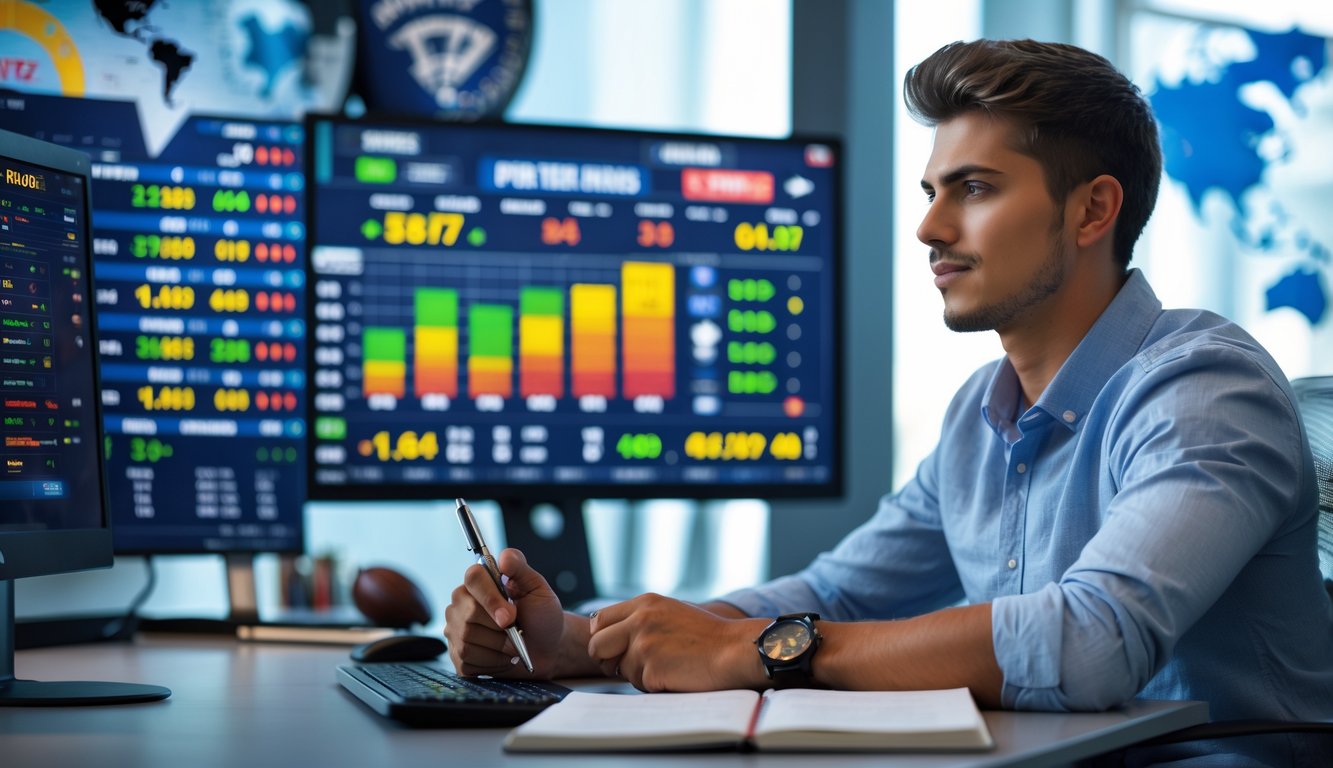 Seorang pria muda duduk di meja dengan beberapa perangkat digital yang menampilkan peluang taruhan olahraga dan statistik, sedang menganalisis data dengan serius.