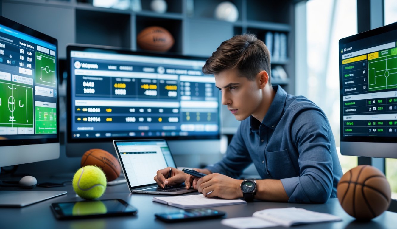 Seorang pria muda sedang menganalisis layar komputer dengan data taruhan olahraga dan angka odds tinggi di ruang kantor modern.