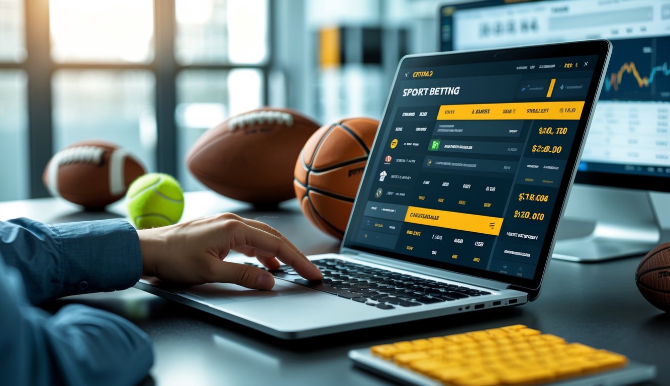 Seseorang menggunakan laptop di meja kerja dengan bola olahraga di sekitar, menampilkan situs taruhan olahraga.