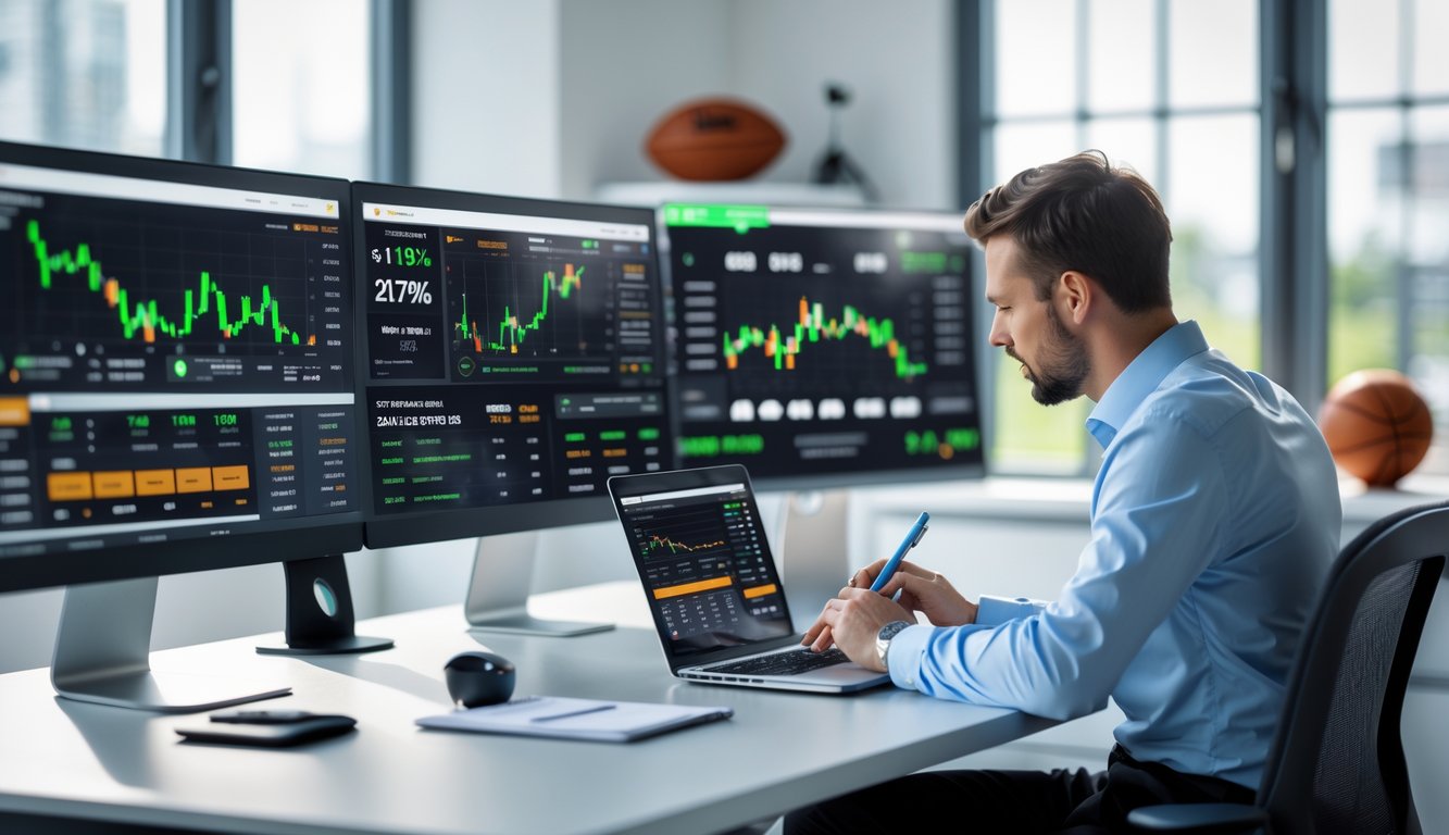 Seorang profesional sedang menganalisis data taruhan olahraga di ruang kerja modern dengan beberapa monitor komputer yang menampilkan grafik dan statistik.