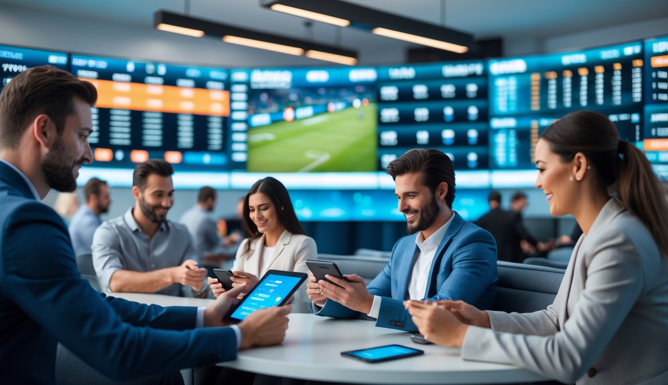 Orang-orang sedang memasang taruhan olahraga menggunakan perangkat digital di sebuah ruang taruhan modern dengan layar besar menampilkan acara olahraga dan statistik taruhan.