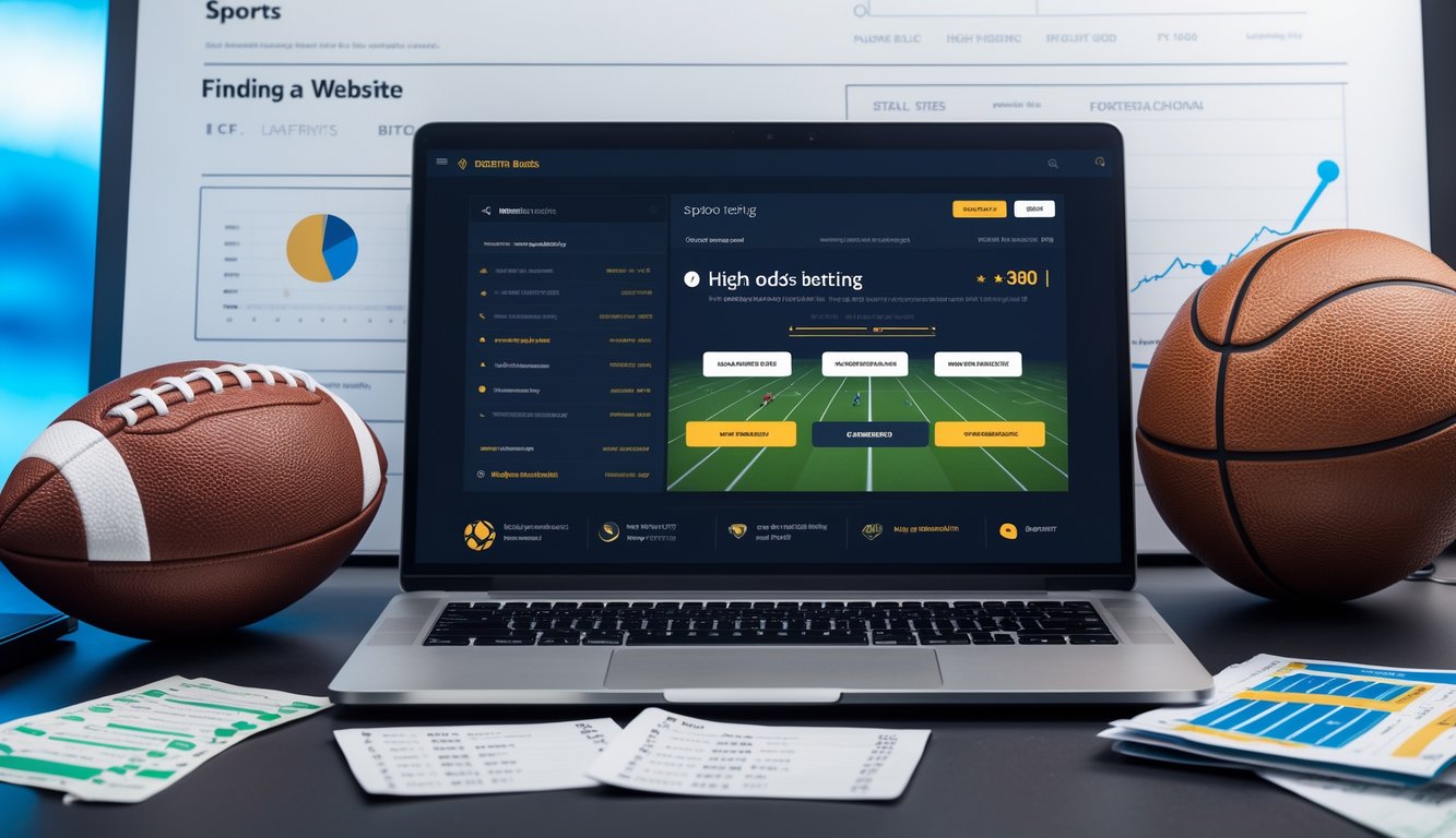 Seorang pria duduk di meja dengan laptop yang menampilkan antarmuka taruhan olahraga dan beberapa bola olahraga di sampingnya.
