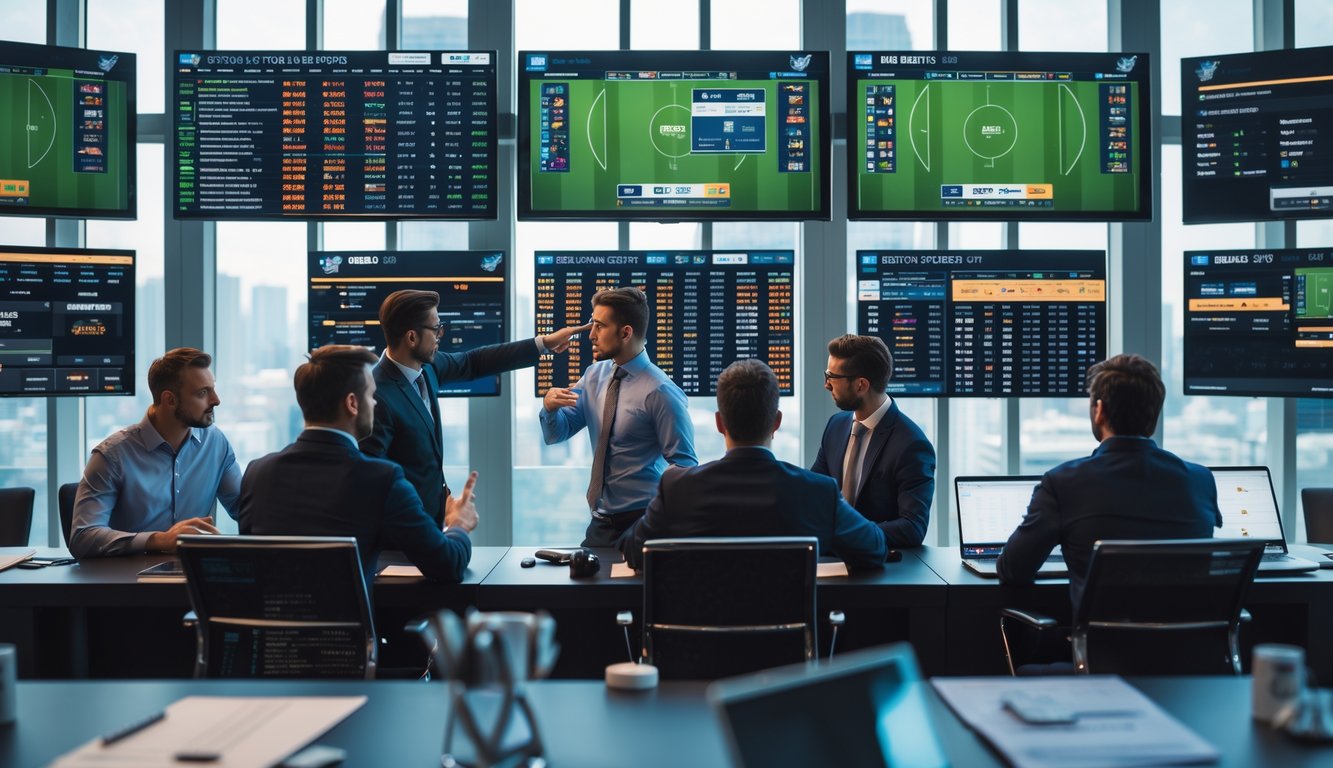Beberapa orang sedang melihat layar digital besar yang menampilkan odds taruhan olahraga dan berdiskusi di sebuah ruang modern.