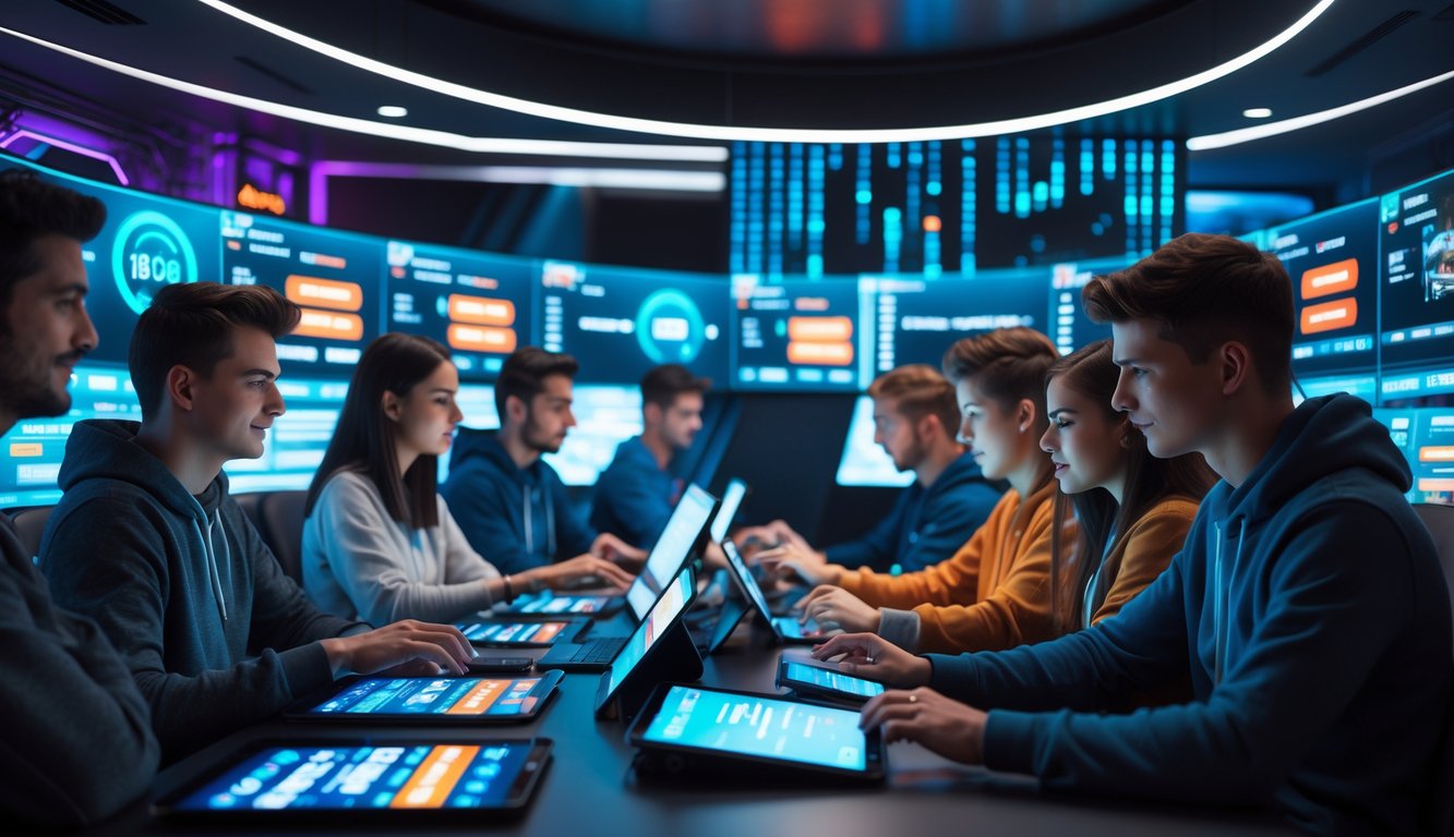 Orang-orang muda bermain dan memasang taruhan esports di ruang permainan modern dengan layar besar dan perangkat digital.