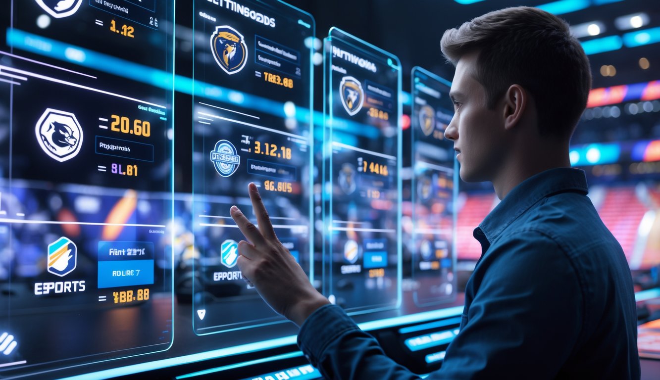 Seorang pria muda sedang menggunakan antarmuka digital modern untuk memasang taruhan esports dengan latar belakang elemen permainan esports dan suasana teknologi tinggi.