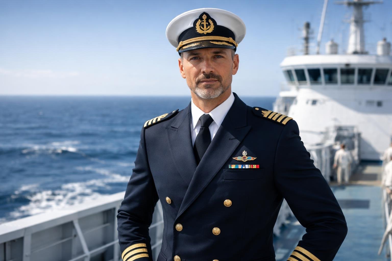 Un officier de marine en uniforme de capitaine debout sur le pont d'un navire en mer ouverte, regardant vers l'horizon.