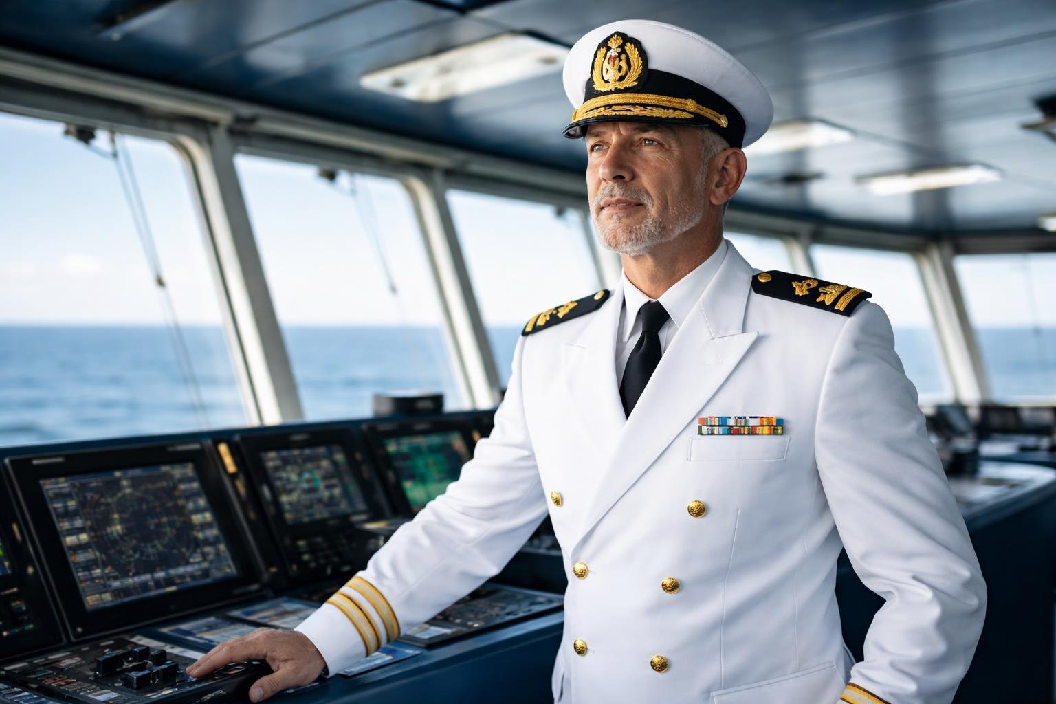 Un officier de marine en uniforme debout sur le pont d'un grand navire en mer, regardant vers l'horizon avec sérieux.