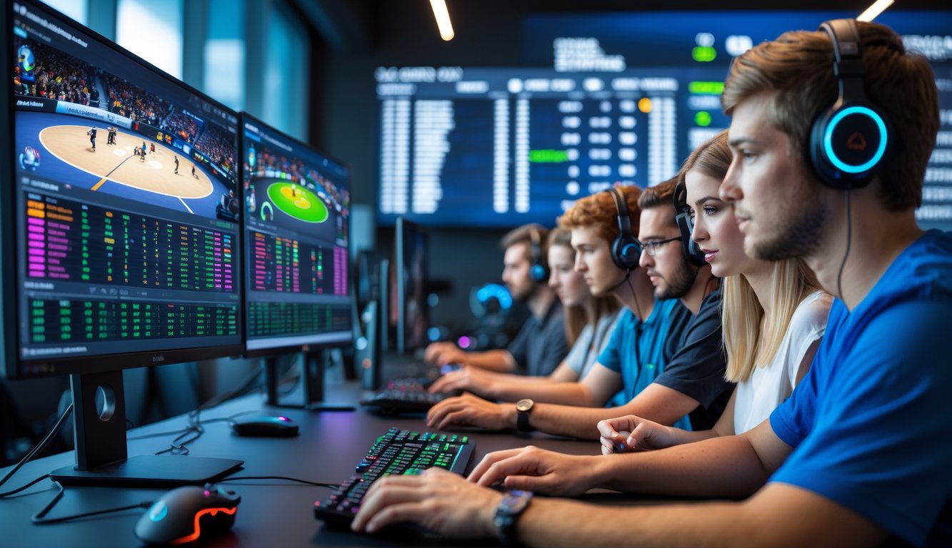 Beberapa orang muda sedang menganalisis data taruhan esports di depan komputer dalam suasana kerja yang modern.