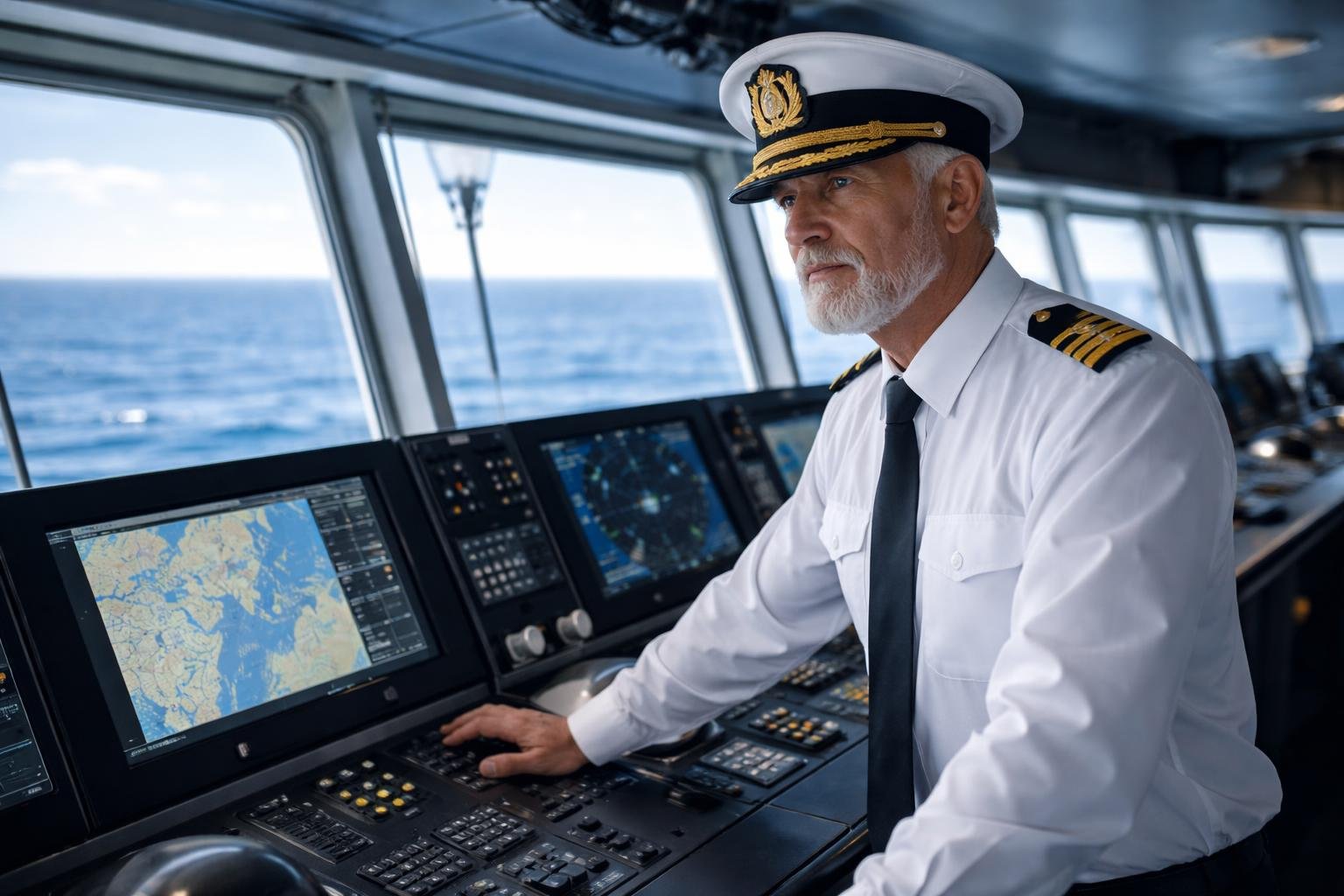 Un officier de marine en uniforme debout sur le pont d'un navire, observant des instruments de navigation et des écrans, en pleine gestion de crise en mer.