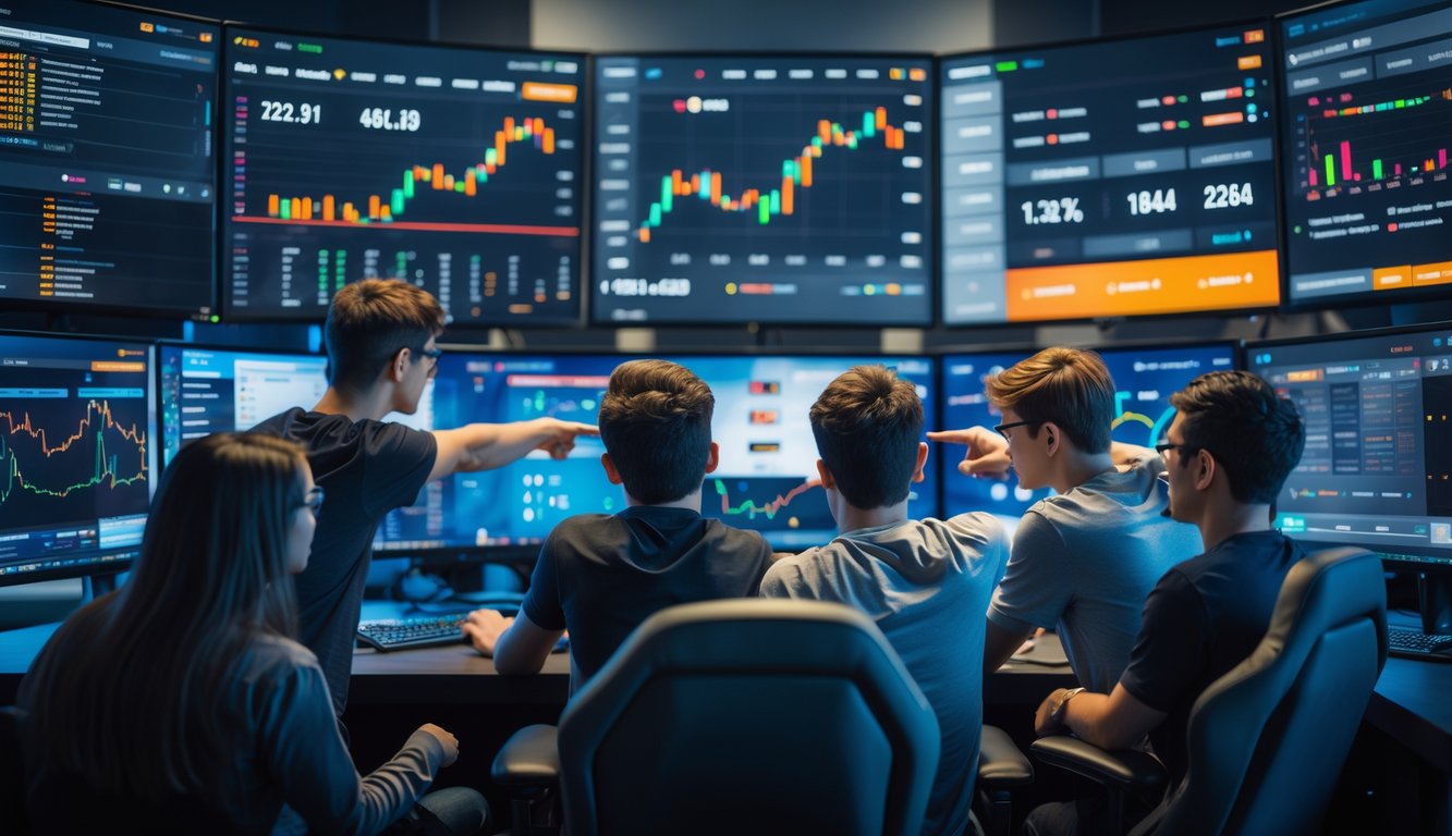 Sekelompok orang muda sedang fokus melihat layar komputer dengan data taruhan dan permainan esports di sebuah ruangan modern.