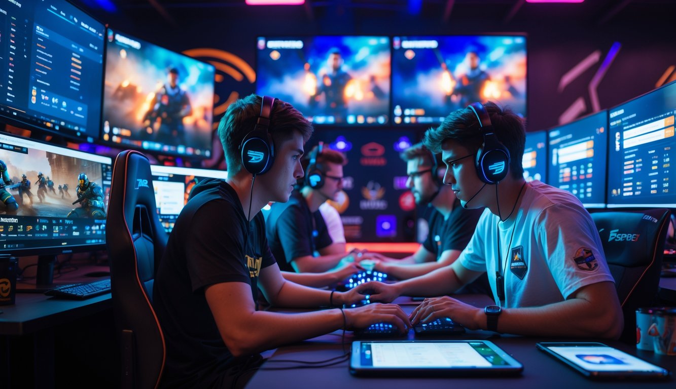 Sekelompok orang muda sedang bermain game esports dengan komputer dan perangkat digital di ruang permainan yang modern dan berteknologi tinggi.