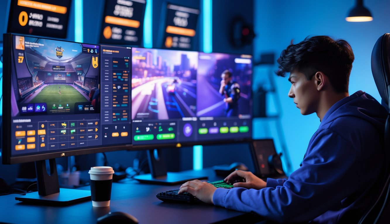 Seorang pemain esports muda sedang menggunakan komputer dengan beberapa layar menampilkan permainan esports dan data peluang taruhan di meja yang modern.