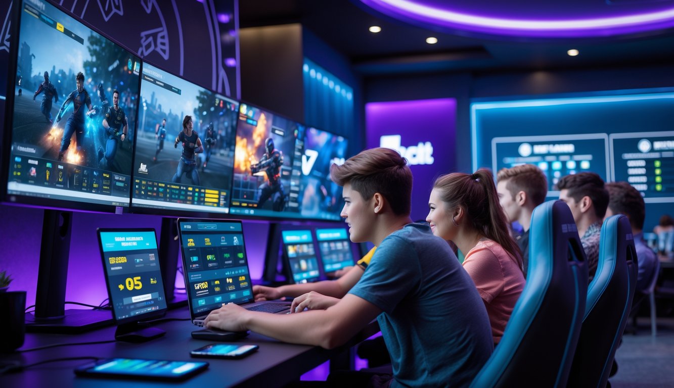 Beberapa orang muda sedang fokus bermain dan memasang taruhan pada pertandingan esports di sebuah ruang permainan modern dengan monitor dan perangkat elektronik.