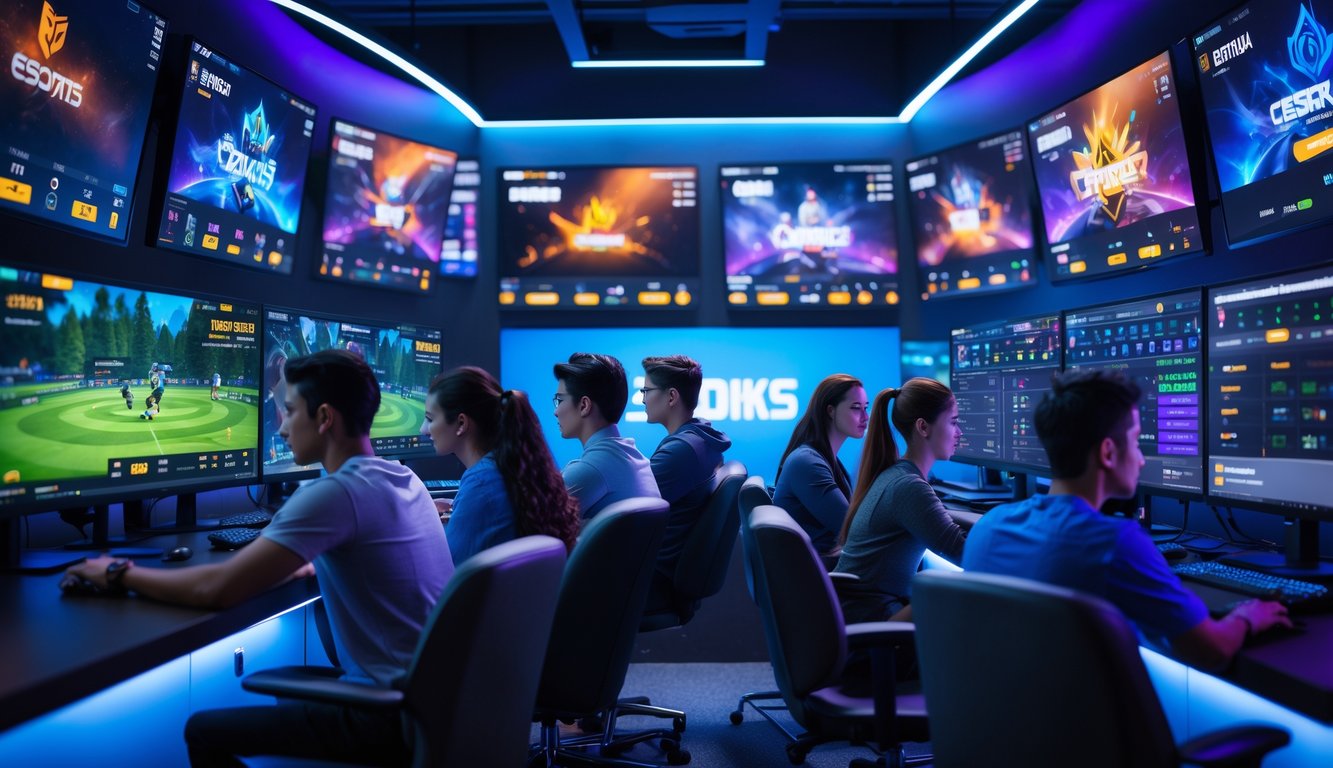 Sekelompok orang muda sedang fokus mengamati pertandingan esports di beberapa monitor dalam ruangan gaming yang modern dan nyaman.