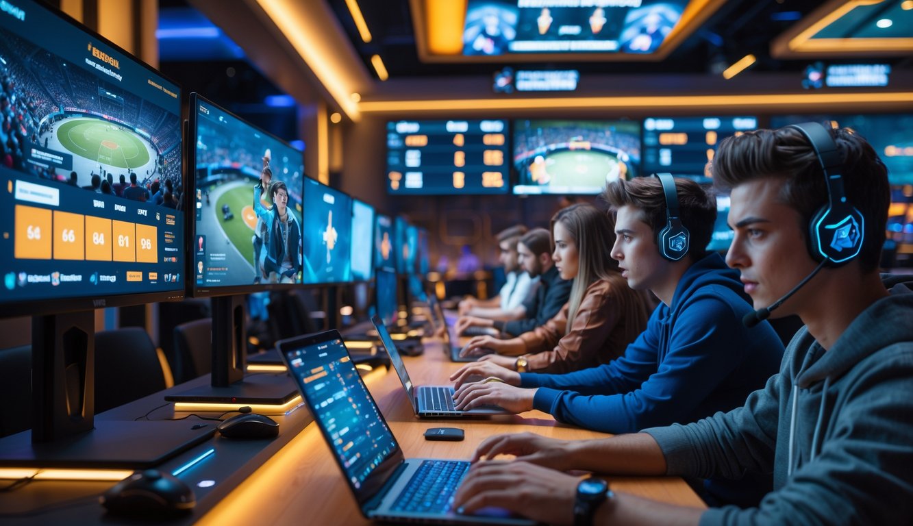 Beberapa orang muda sedang fokus melihat layar komputer dan ponsel di ruang bermain esports yang modern dan futuristik.