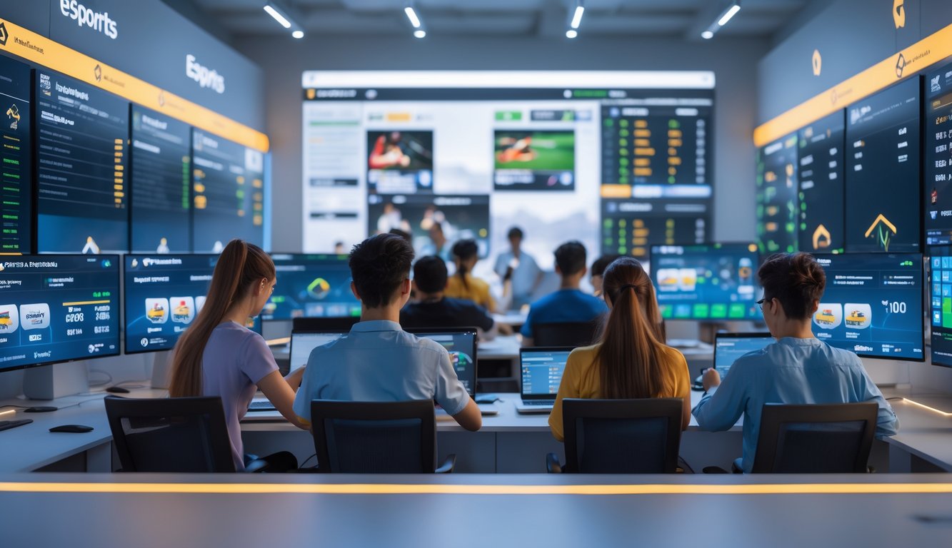 Beberapa orang muda sedang menggunakan komputer dan ponsel untuk bertaruh pada pertandingan esports di ruang kerja modern dengan beberapa layar besar menampilkan pertandingan dan statistik.