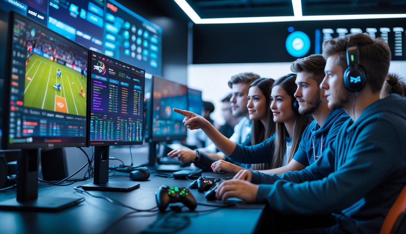 Sekelompok orang muda sedang menganalisis pertandingan esports dan peluang taruhan di depan layar komputer dalam ruangan yang terang dan rapi.