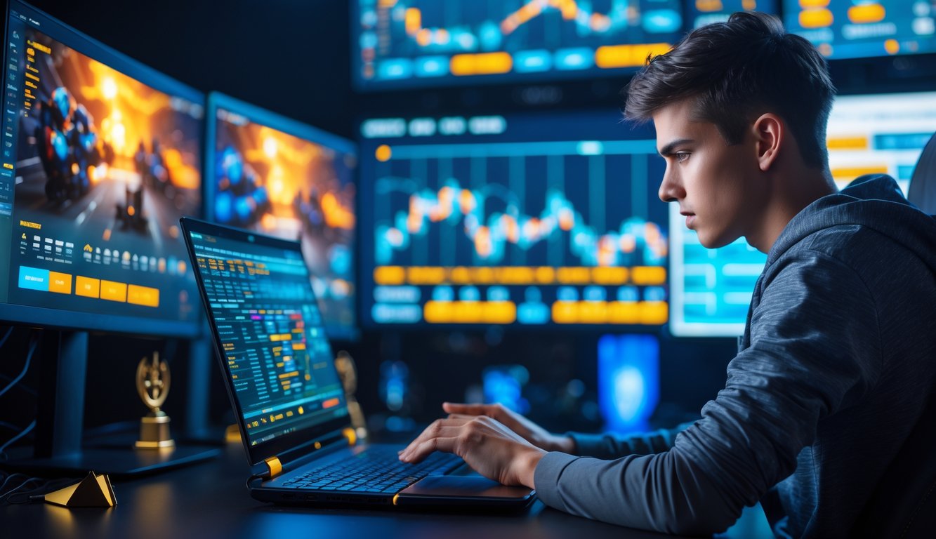 Seorang pria muda sedang menganalisis taruhan esports di depan beberapa layar komputer dengan tampilan permainan dan grafik taruhan.