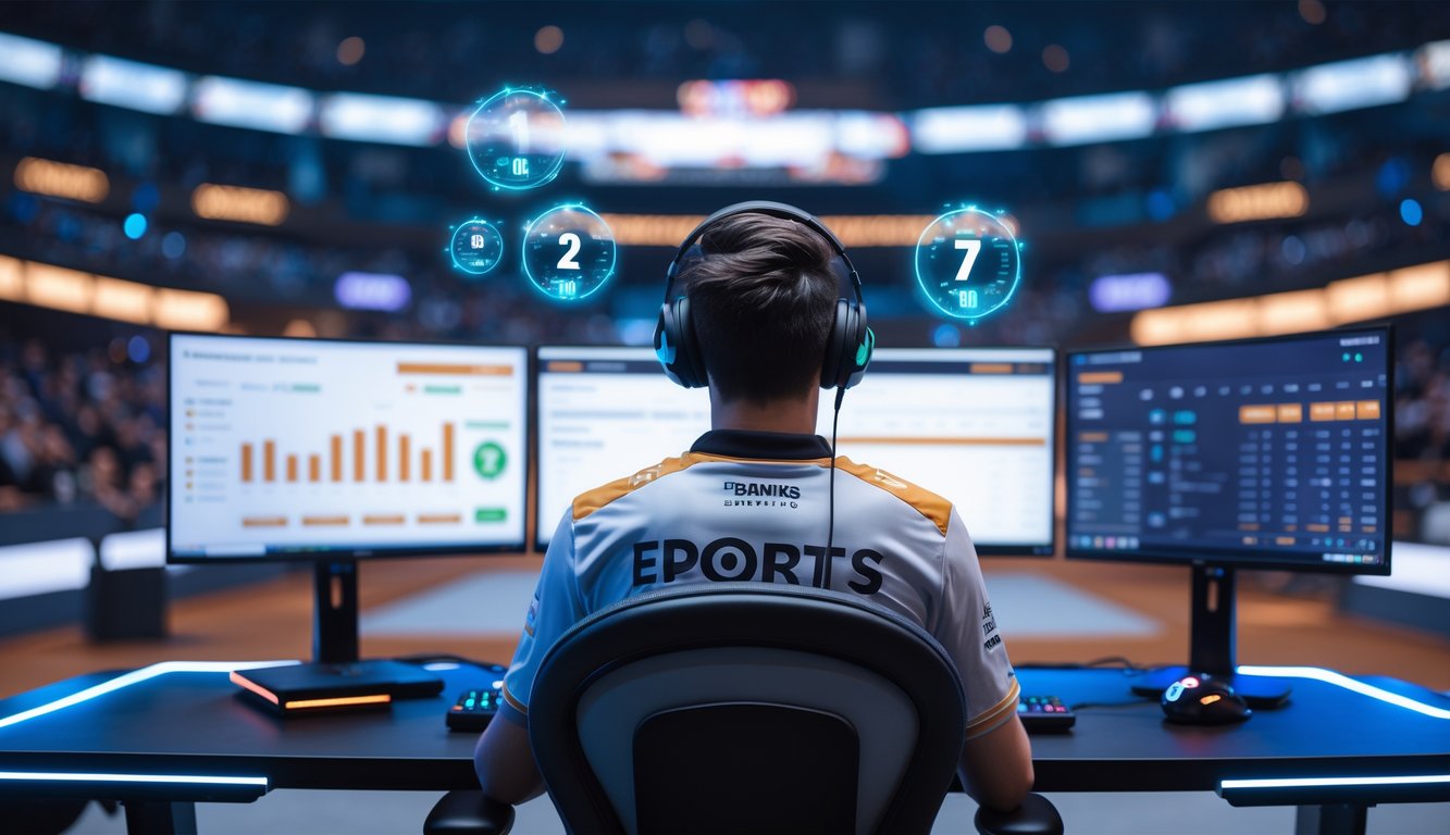 Seorang pemain esports profesional sedang fokus bermain di depan beberapa monitor dengan tampilan statistik dan peluang taruhan dalam lingkungan gaming modern.