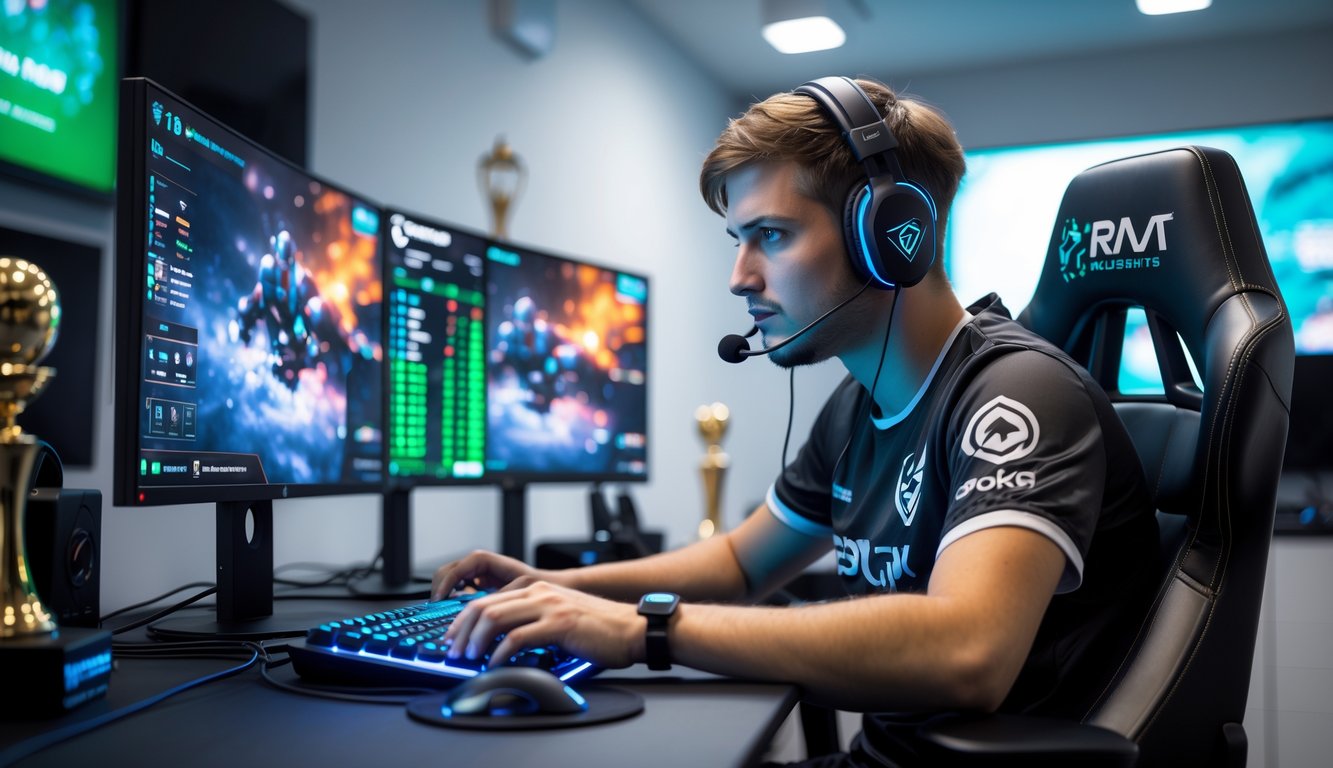 Seorang pemain esports profesional sedang fokus bermain di depan beberapa monitor dengan tampilan permainan dan grafik odds taruhan.