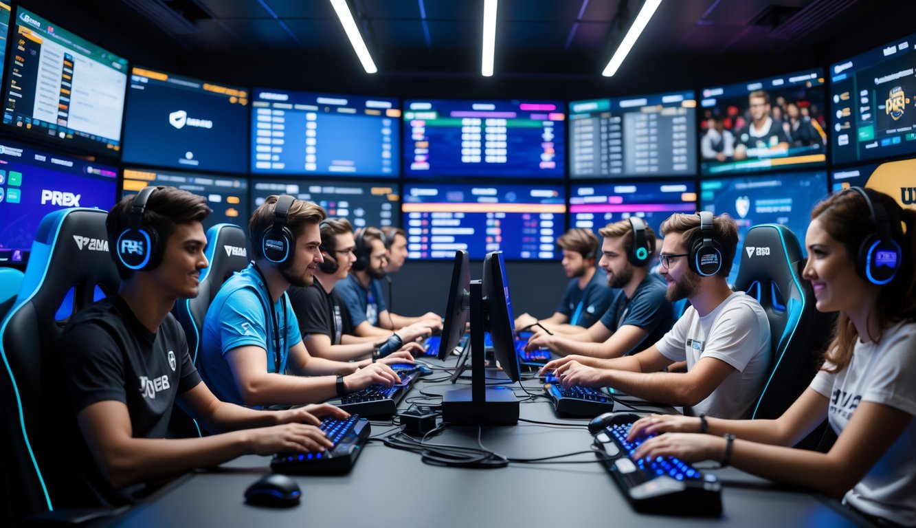 Sekelompok orang sedang melihat layar komputer dengan tampilan game esports dan grafik peluang taruhan di sebuah ruangan gaming.