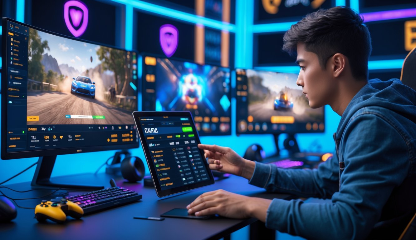 Seorang dewasa muda menggunakan tablet di depan beberapa monitor yang menampilkan permainan esports dan grafik peluang taruhan dalam ruangan berlampu biru dan ungu.