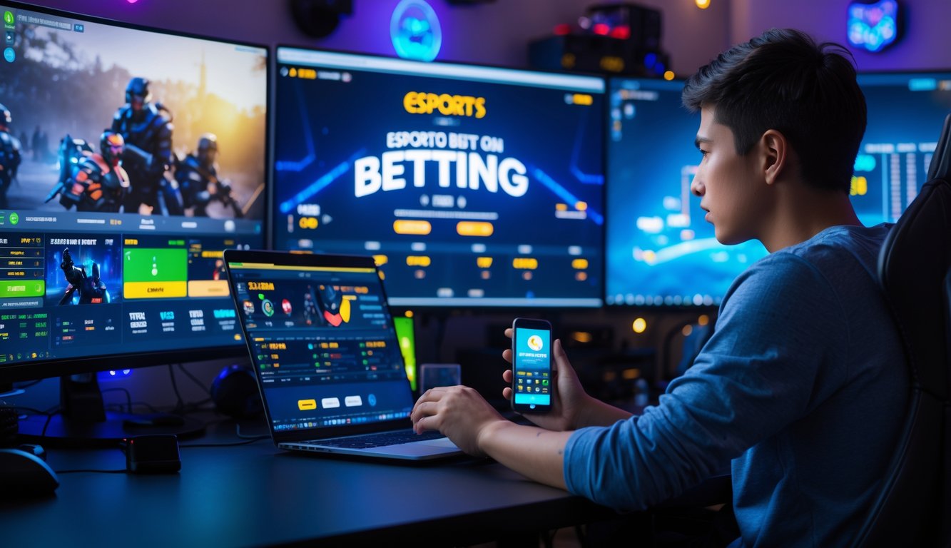 Seseorang duduk di depan komputer dengan layar menampilkan permainan esports dan data taruhan, suasana ruangan nyaman dan berfokus pada aktivitas taruhan esports.