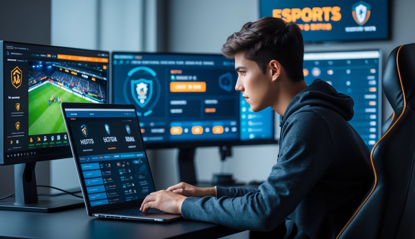 Seorang dewasa muda fokus menggunakan laptop di meja dengan beberapa monitor menampilkan permainan esports dan grafik taruhan.