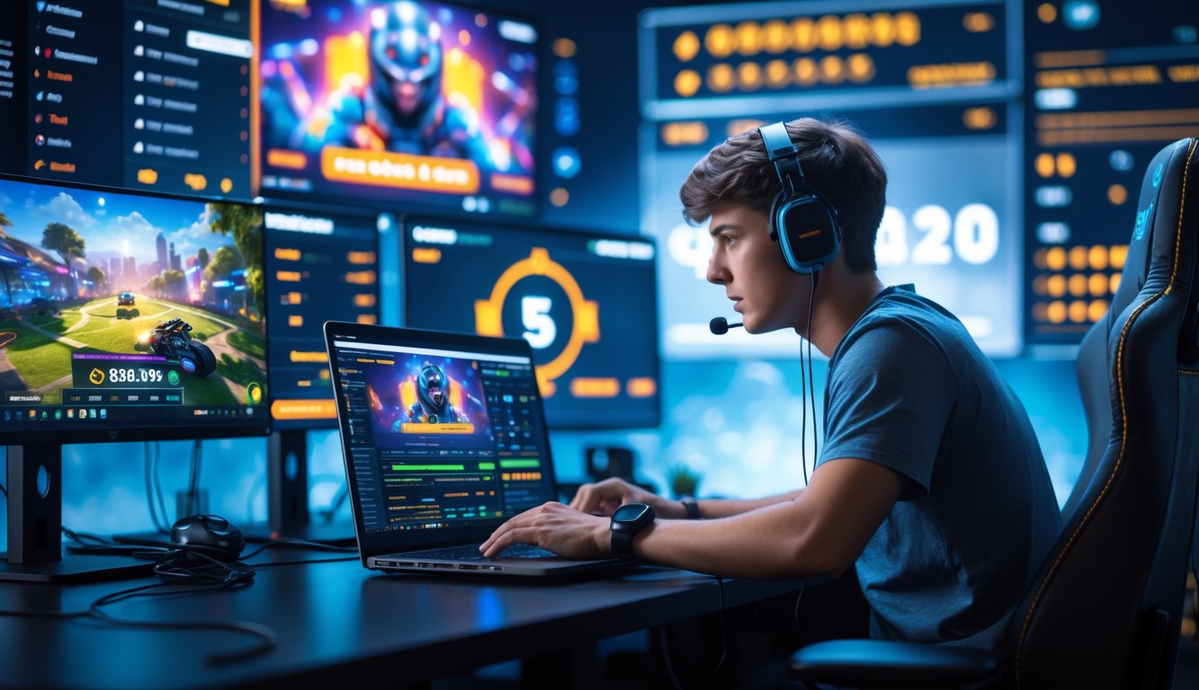 Seorang pemain muda fokus di depan komputer dengan layar menampilkan permainan esports dan statistik taruhan.