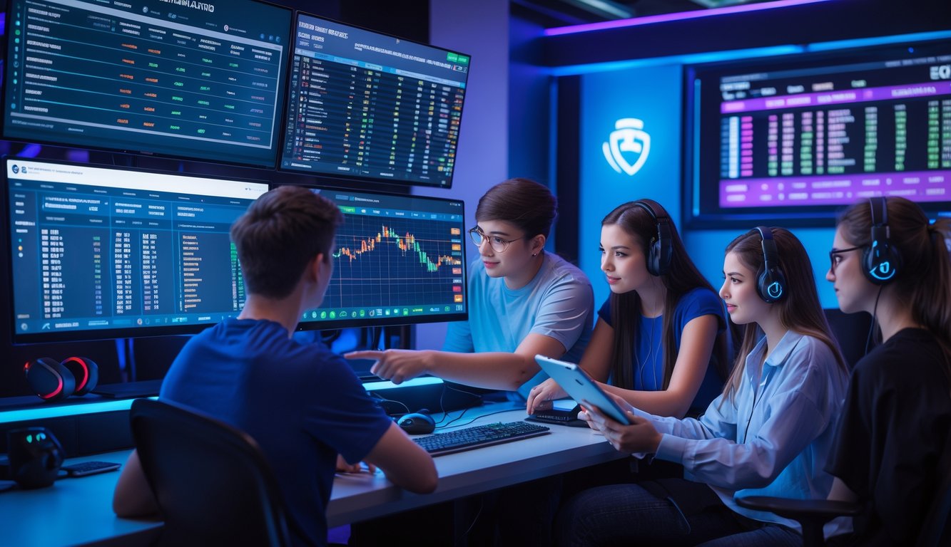 Beberapa orang muda sedang menganalisis data taruhan esports di sebuah ruang kerja dengan beberapa layar komputer dan peralatan gaming.