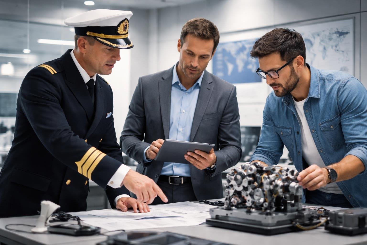 Trois hommes professionnels collaborant dans un bureau moderne, un officier de marine, un stratège industriel et un inventeur examinant un prototype.