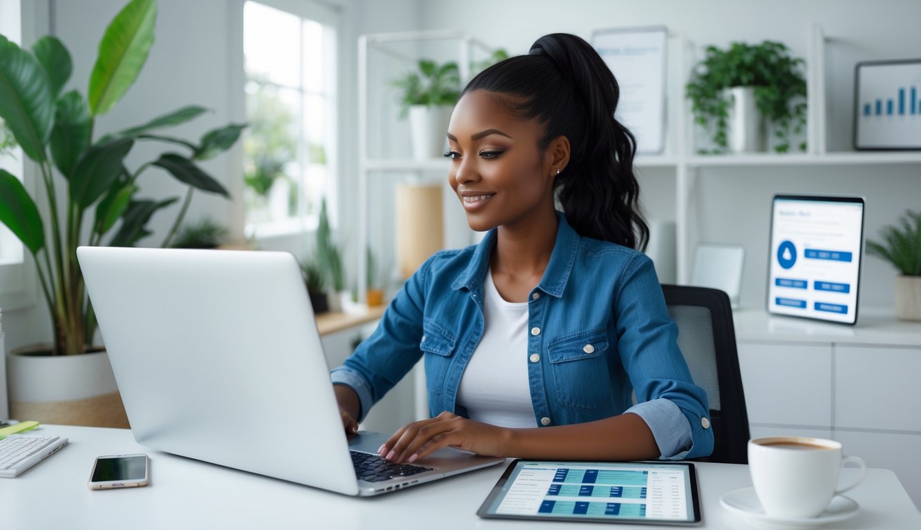 Seorang wanita muda duduk di meja kerja modern menggunakan laptop dengan ekspresi fokus dan puas, di ruang kerja yang terang dan rapi dengan tanaman hijau dan cahaya alami.