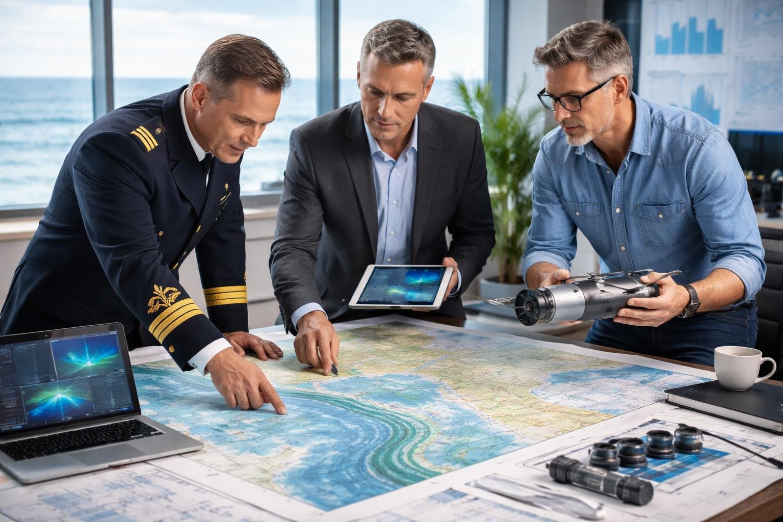 Un officier de marine, un stratège industriel et un inventeur collaborent autour d'une carte nautique détaillée dans un bureau avec vue sur l'océan.