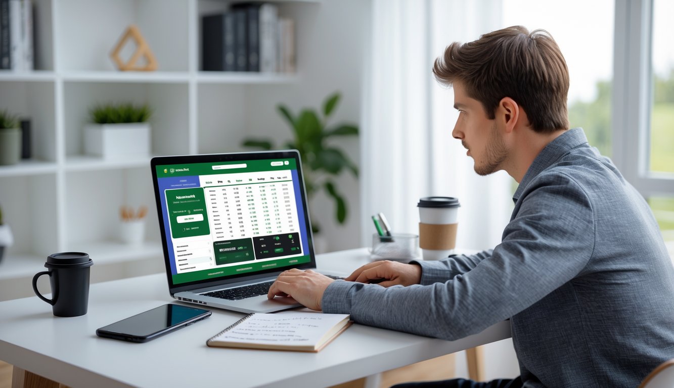 Seorang pria muda duduk di meja dengan laptop dan ponsel, fokus melihat situs taruhan olahraga, di ruang kerja rumah yang rapi.