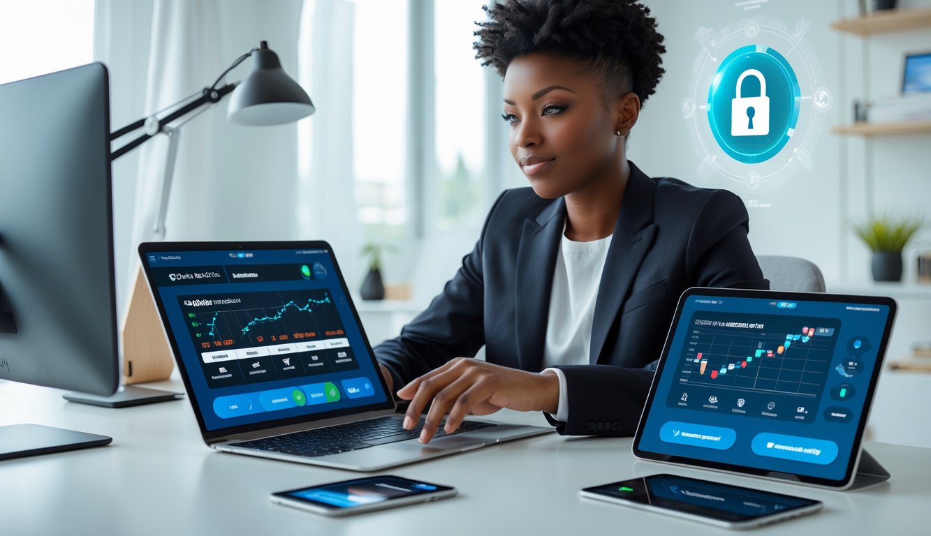 Seseorang duduk di meja kerja dengan beberapa perangkat digital yang menampilkan antarmuka taruhan online, terlihat fokus dan berhati-hati.