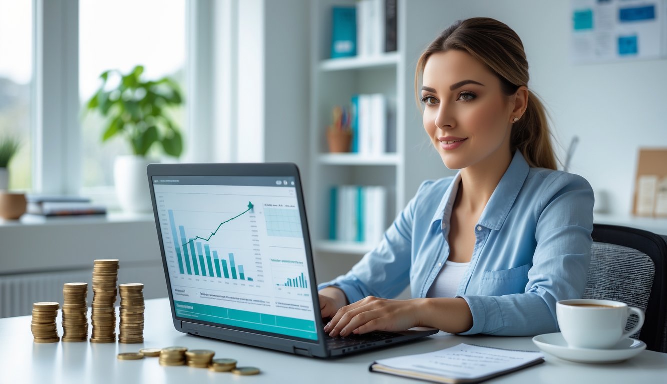 Seorang wanita muda duduk di meja kerja dengan laptop dan tumpukan koin kecil, terlihat fokus merencanakan strategi keuangan.