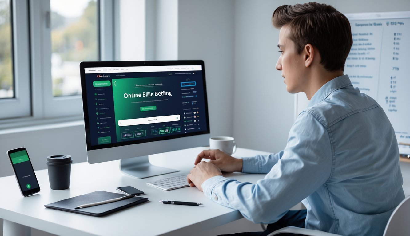 Seorang dewasa muda duduk di meja dengan laptop, fokus pada layar platform taruhan online, di ruang kerja rumah yang terang dan rapi.