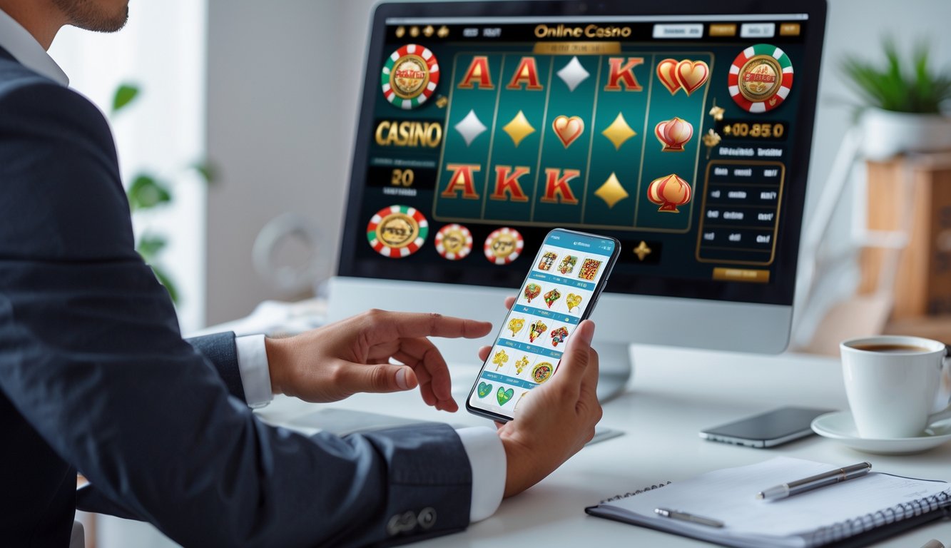 Seseorang sedang menggunakan laptop dan smartphone untuk bermain dan mengelola taruhan di casino online di ruang tamu yang terang.