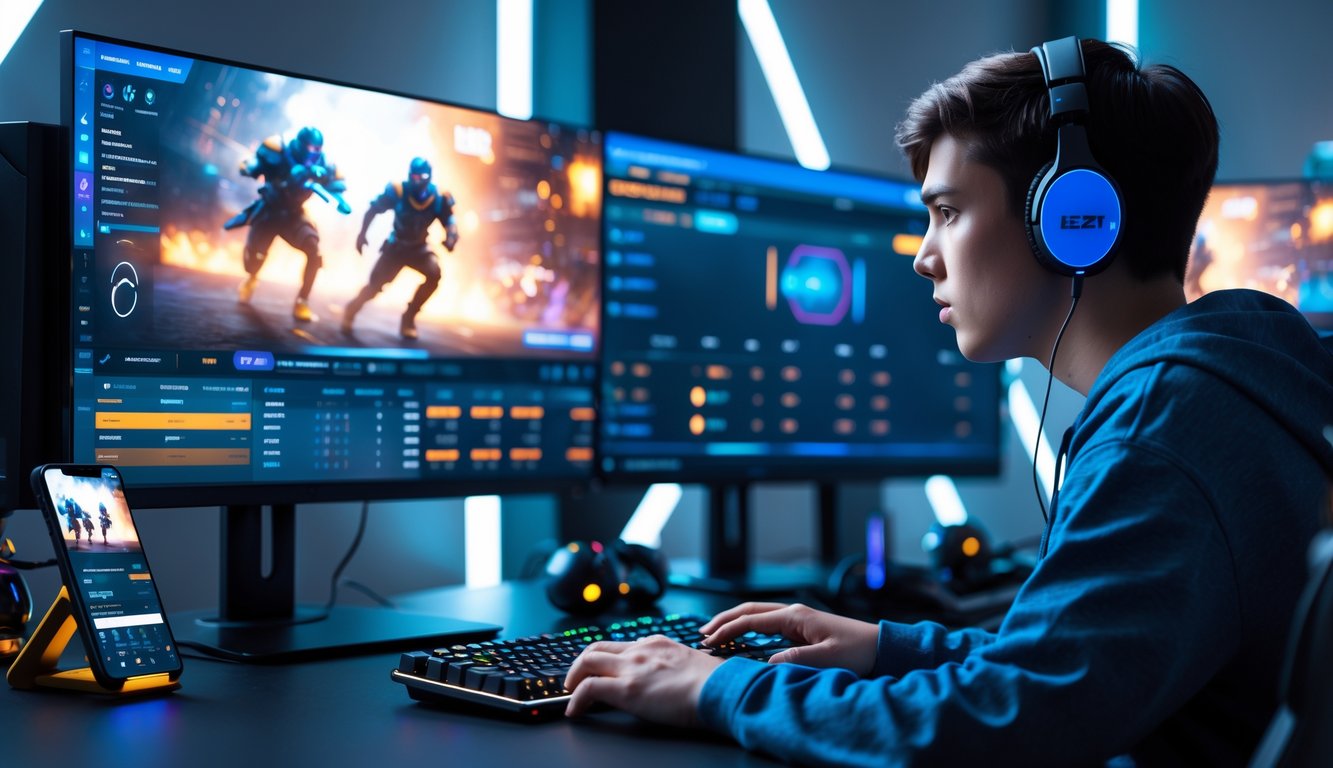 Seorang dewasa muda duduk di depan komputer dengan beberapa layar, fokus menonton pertandingan esports dan melihat informasi taruhan di ponsel.