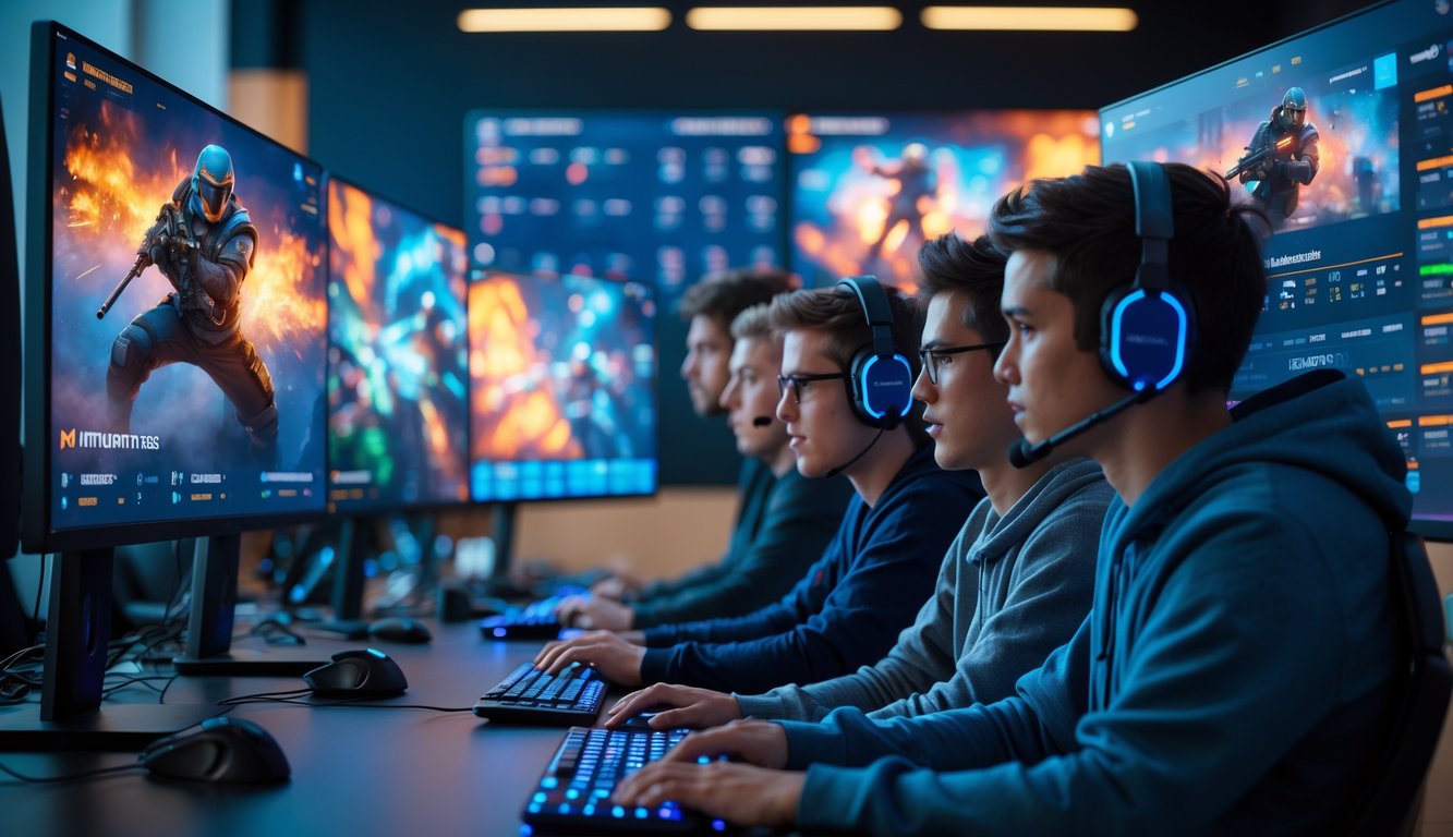 Beberapa orang muda sedang fokus melihat layar komputer dengan tampilan permainan esports dan data taruhan di meja yang rapi.