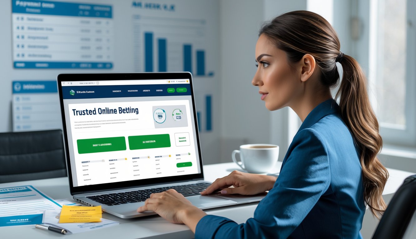 Seorang wanita muda duduk di meja dengan laptop, fokus melihat layar situs taruhan online terpercaya.