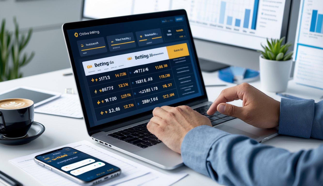 Seseorang sedang menggunakan laptop dengan tampilan statistik taruhan online di meja kerja yang rapi.