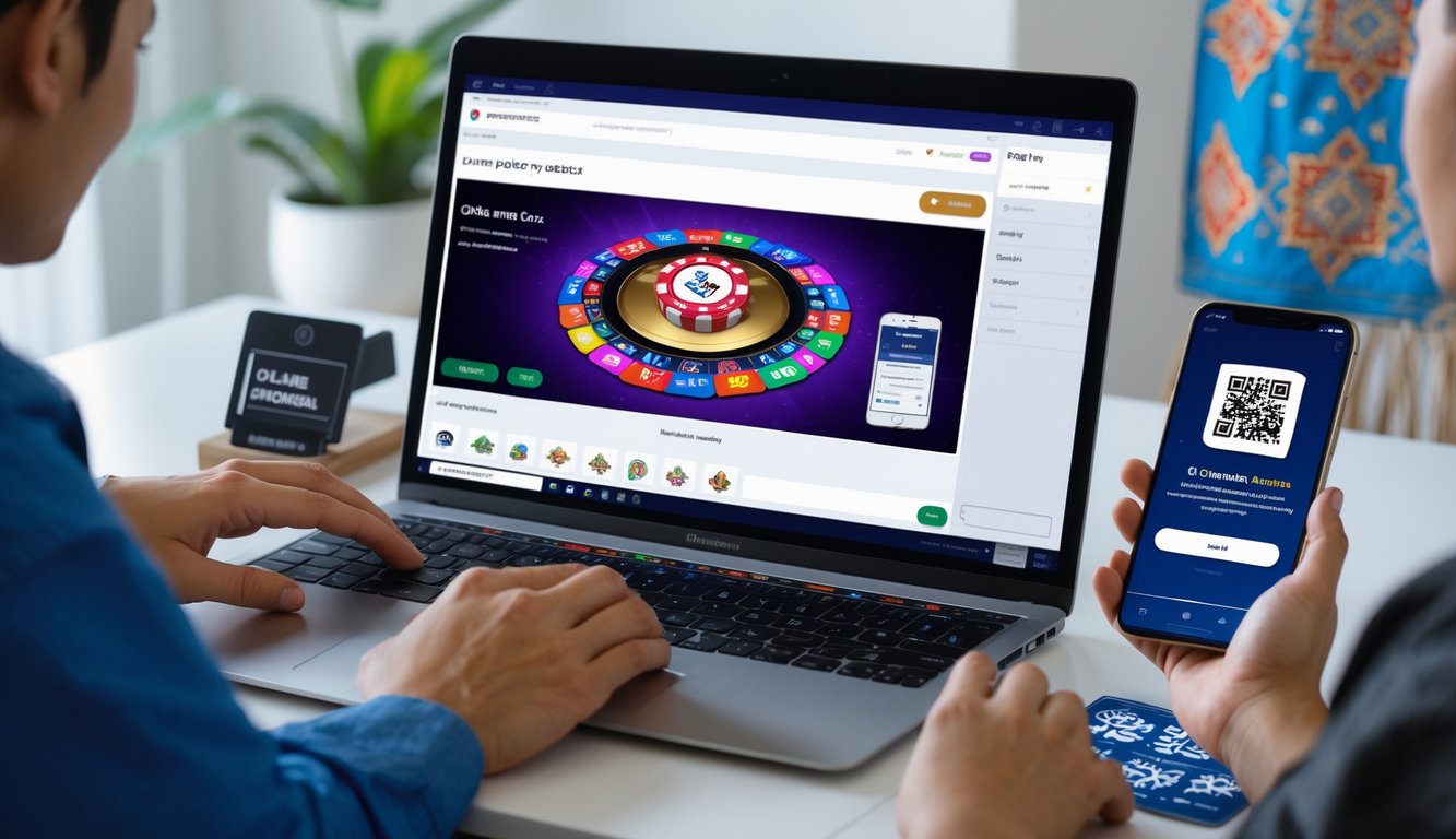 Orang-orang sedang bermain poker online menggunakan komputer dan ponsel dengan kode QR di layar dalam suasana rumah yang nyaman.