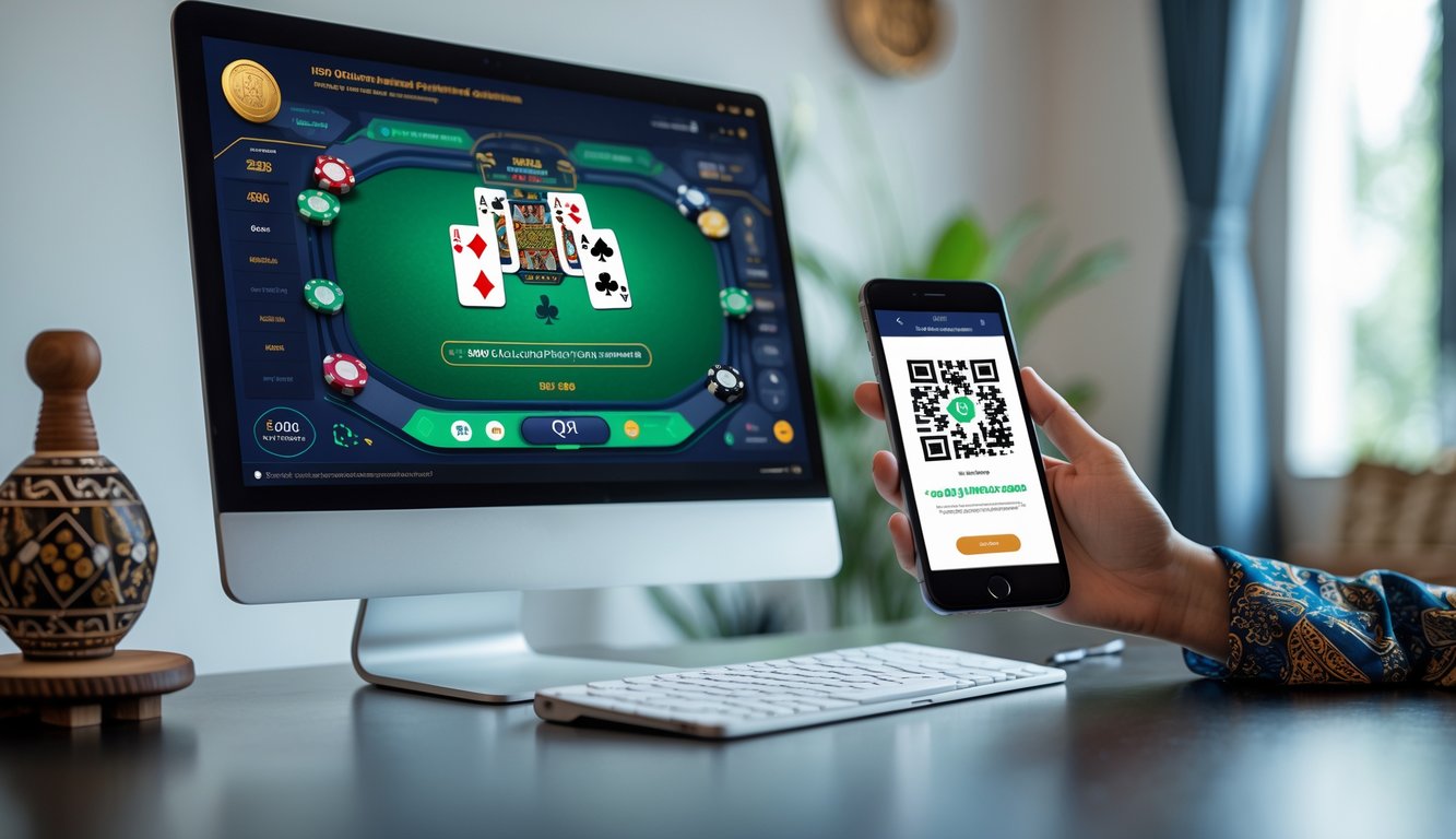 Seorang pemain poker online menggunakan laptop dan memindai kode QR di ponsel untuk melakukan deposit di situs poker terpercaya.