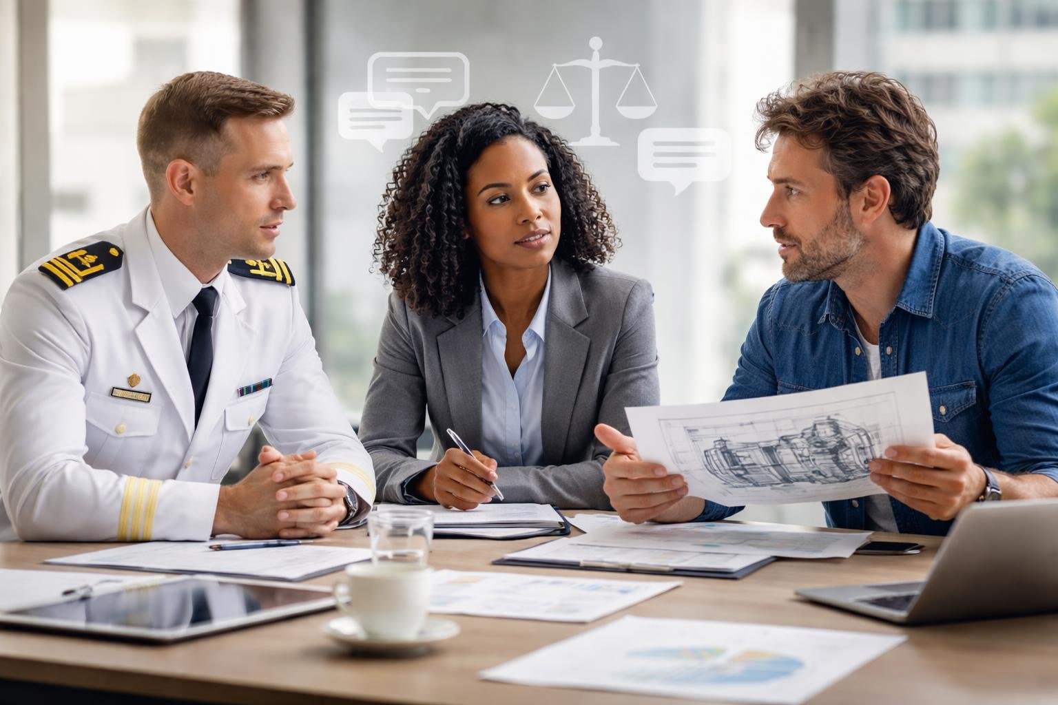 Trois professionnels discutant sérieusement autour d'une table dans un bureau moderne, représentant un officier de marine, un stratège industriel et un inventeur collaborant pour résoudre un conflit.