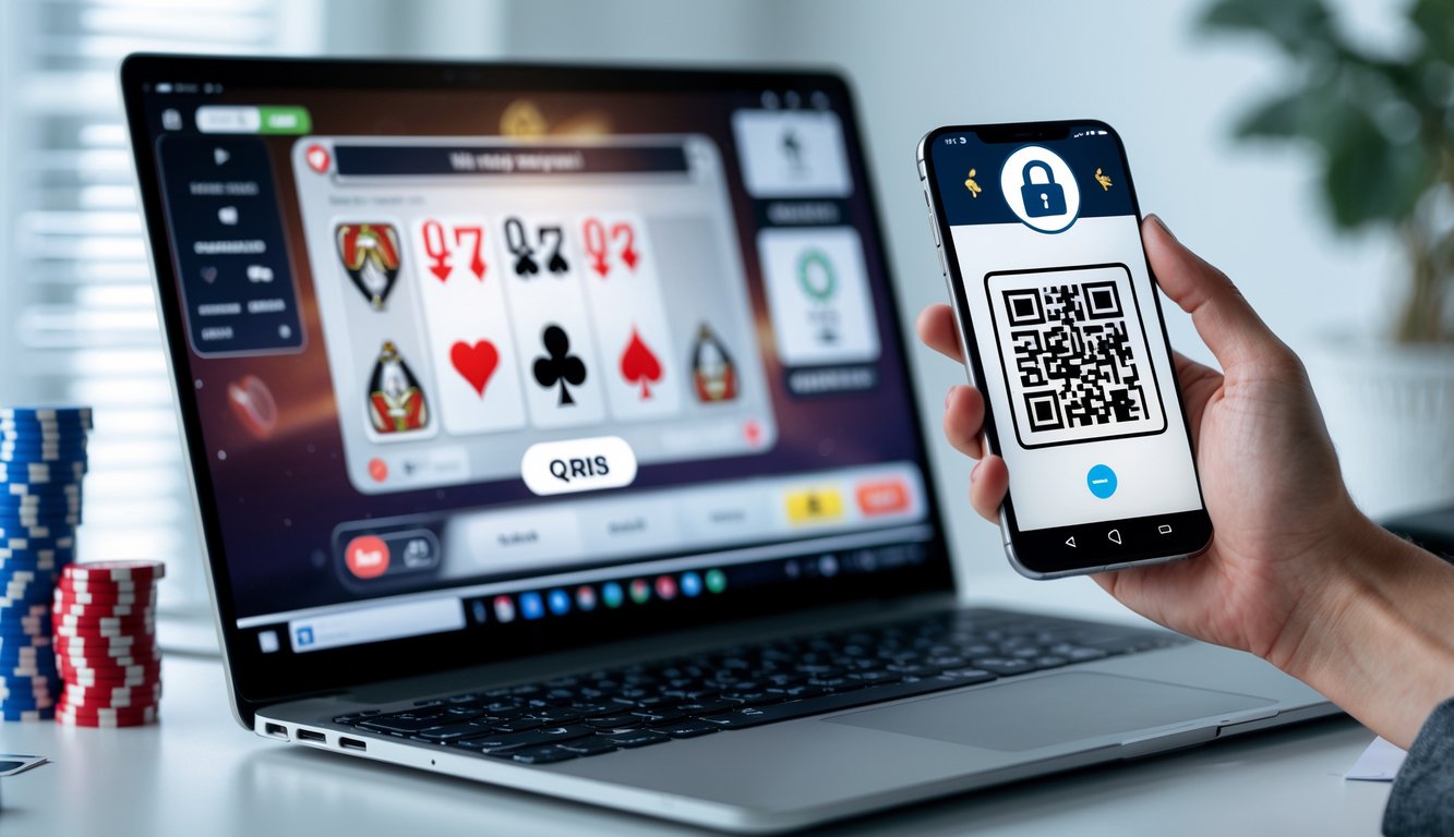 Seseorang menggunakan ponsel untuk memindai kode QR di layar komputer yang menampilkan permainan poker online dengan chip dan kartu.