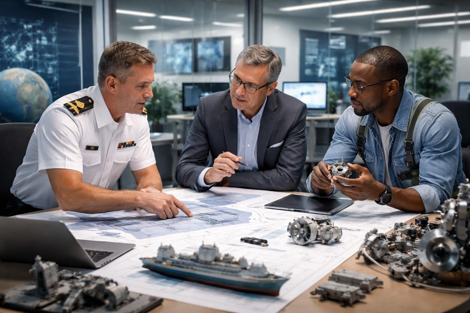 Trois professionnels discutant autour d'une table dans un bureau moderne, représentant un officier de marine, un stratège industriel et un inventeur en pleine collaboration.
