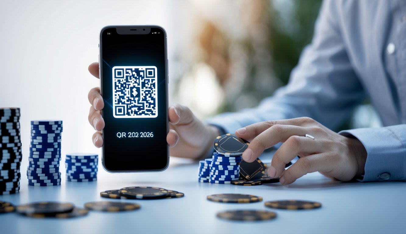 Sebuah tangan memegang ponsel dengan kode QR di layar, di atas meja dengan chip poker dan kartu bermain yang tertata rapi.
